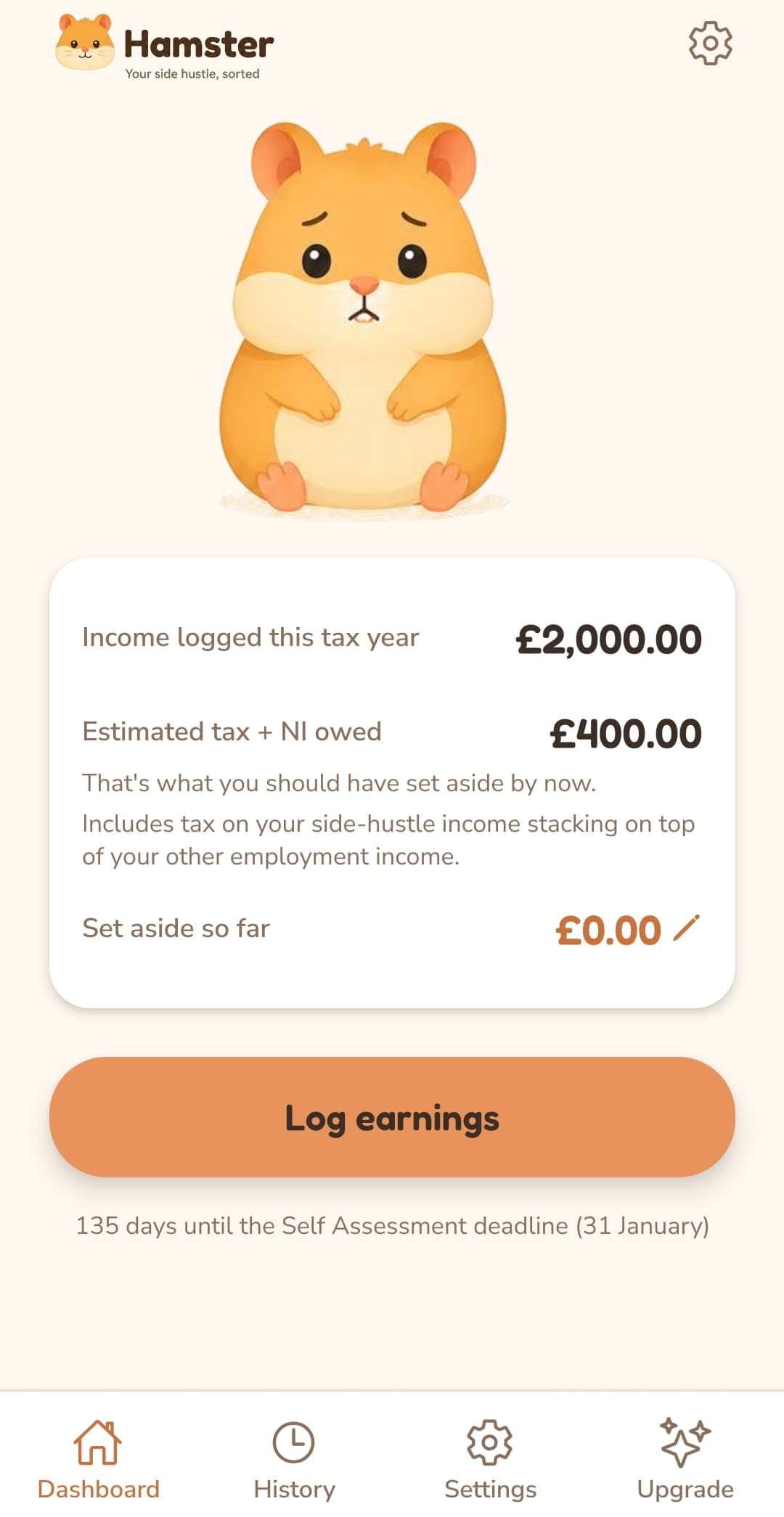 Hamster’s dashboard showing £2,000 of income logged this tax year and £400 of estimated tax and National Insurance owed.