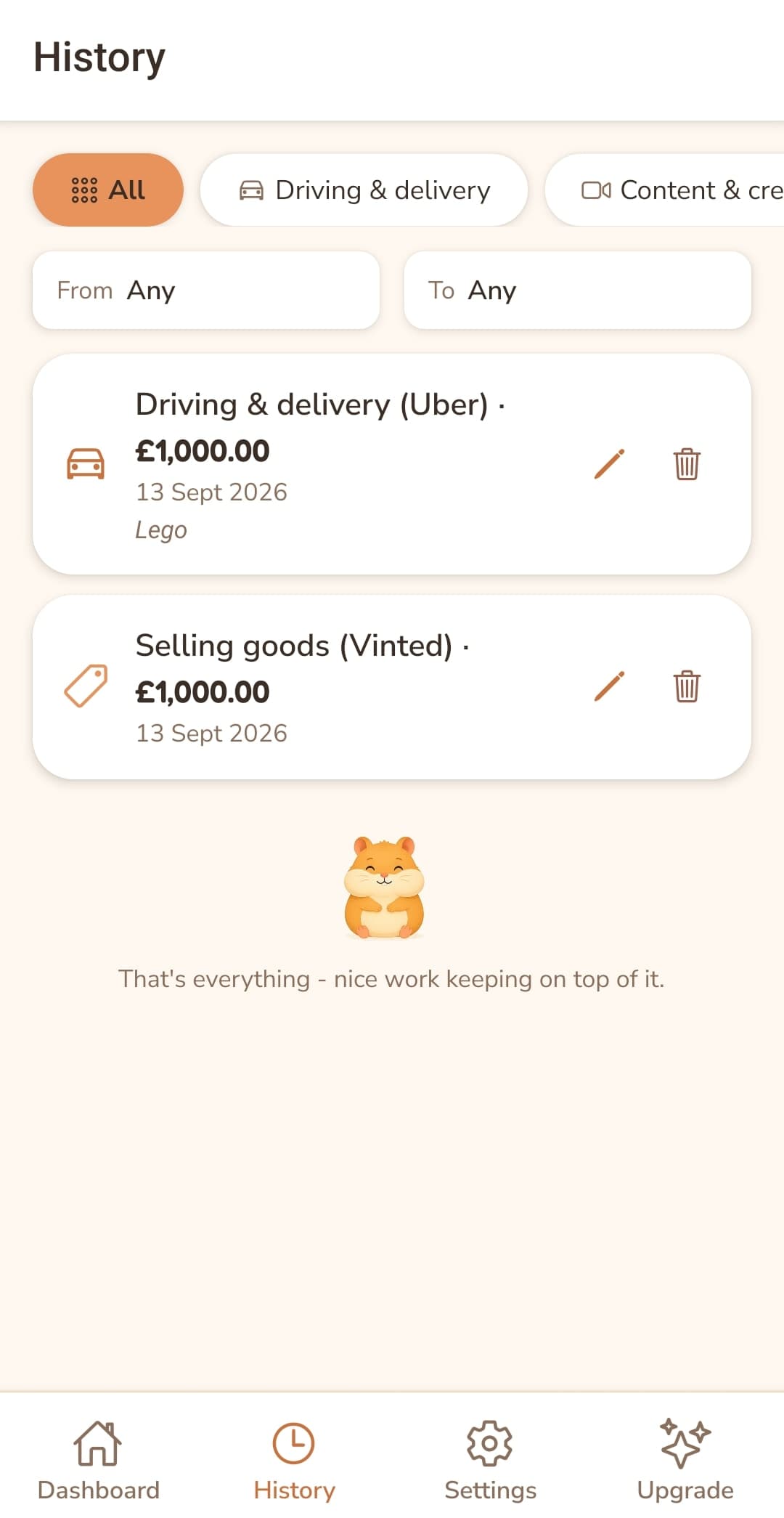 Hamster History screen listing earnings entries with category filters.