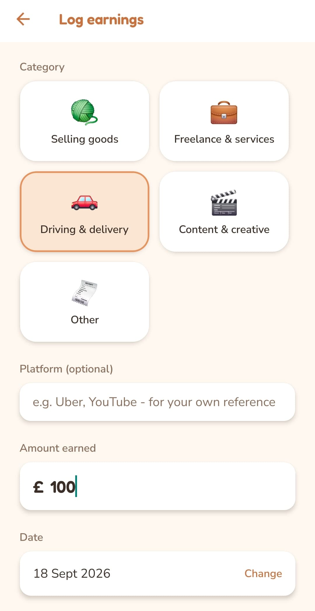 Hamster Log earnings screen with category, platform, amount and date fields.